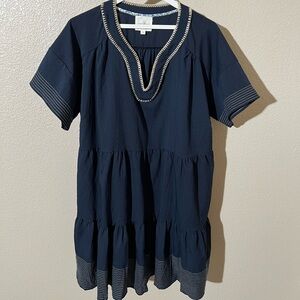 Navy Blue Short Sleeve Dress with Embroidered Trim